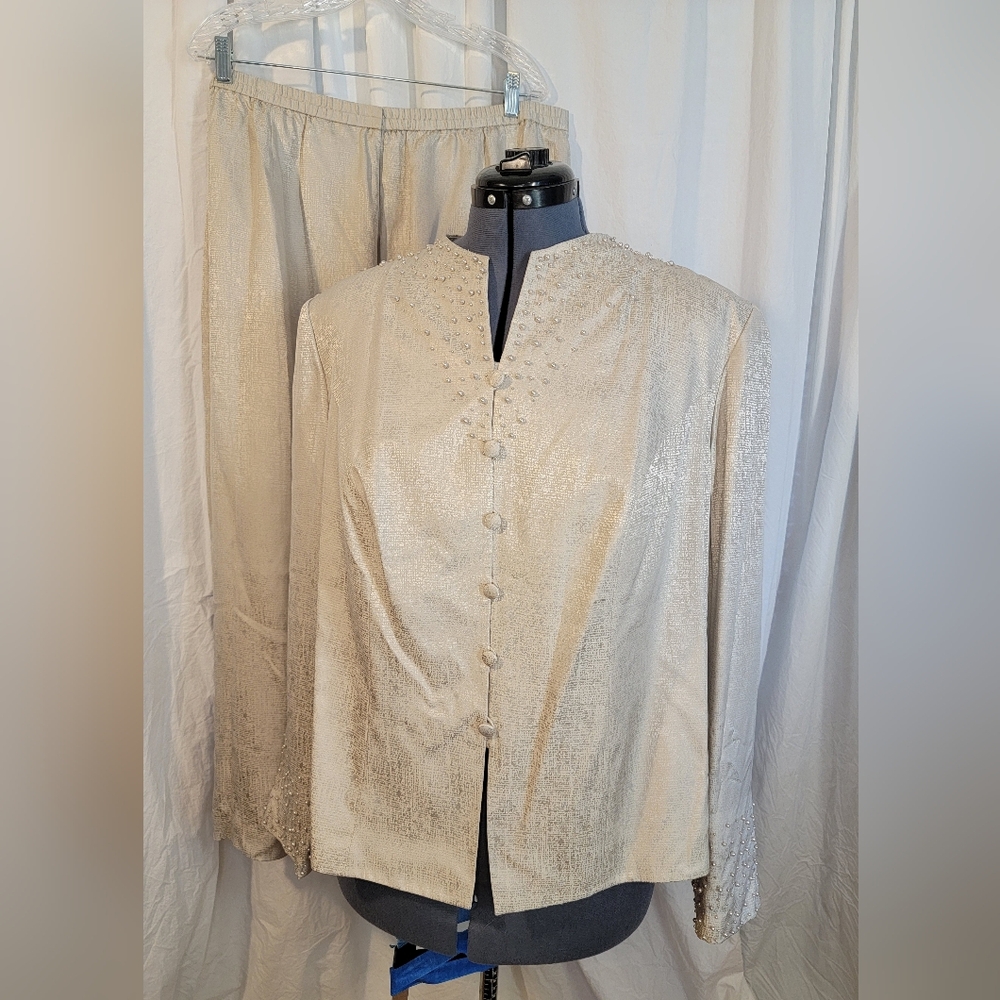 100% SILK, Pearl-Embellished Womens Cream Button Top & Long Skirt Set